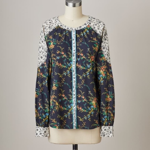 Sundance Stories To Be Told Navy Blue Floral Button Up Long Sleeve Blouse XS - Picture 2 of 10